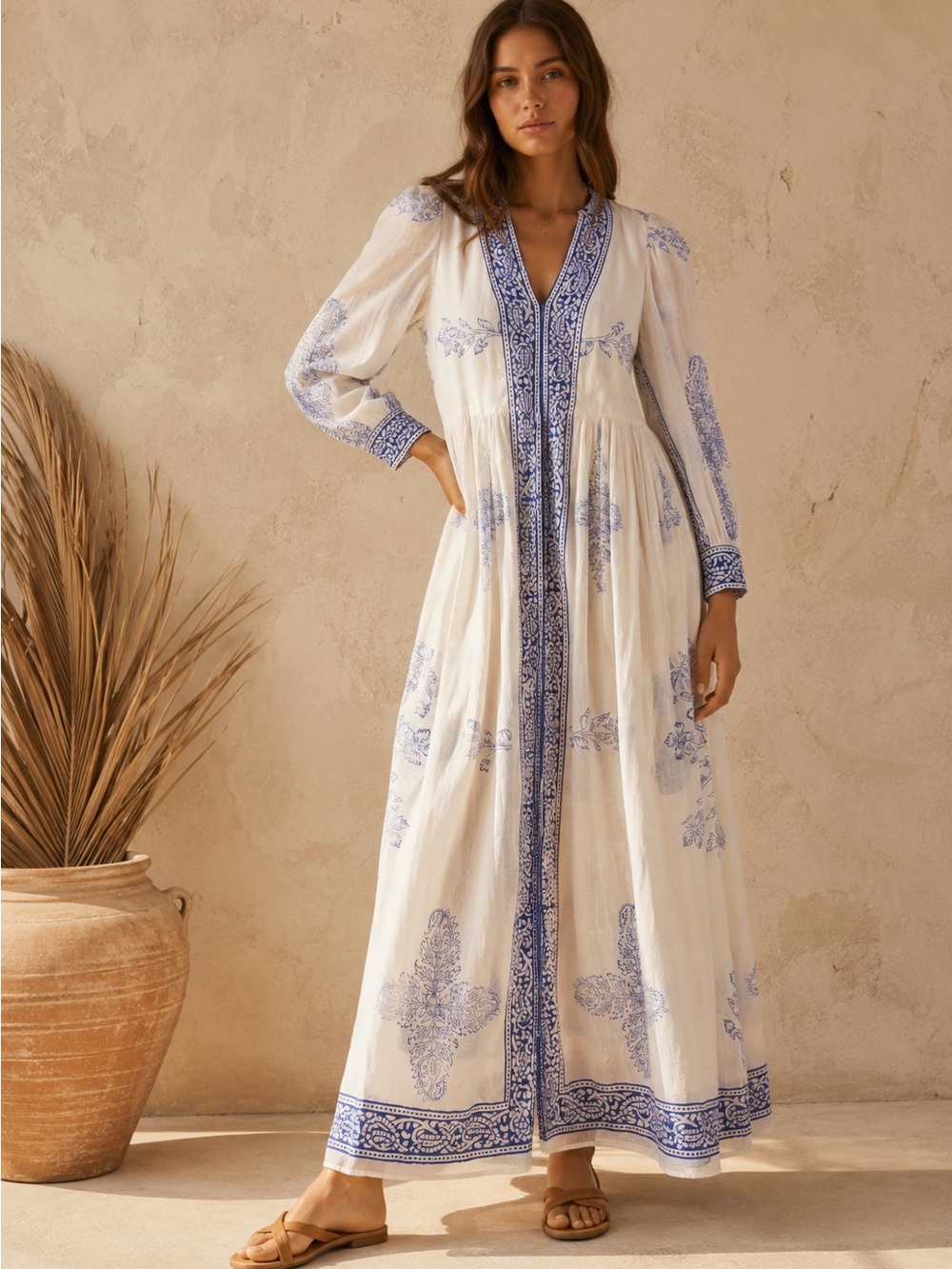 Alix Of Bohemia Cleo Little Flower White & Blue Block Print Maxi Dress Coastal